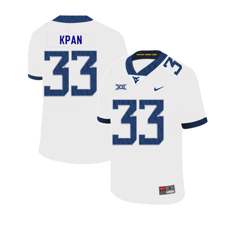 2019 Men #33 T.J. Kpan West Virginia Mountaineers College Football Jerseys Sale-White - Click Image to Close
